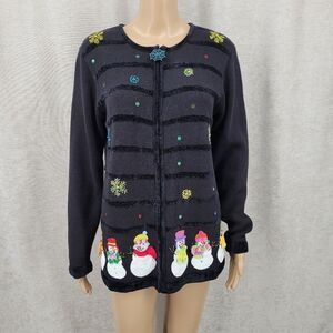 Quacker Factory Festive Black Snowman Sweater Chenille Knit Full Zip Cardigan